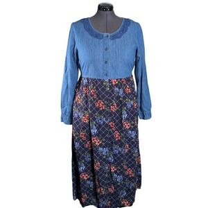 Vintage 90s Cottagecore Maxi Dress XL Denim Floral Plaid Button Up Lace Applique